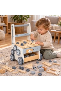 Drewniany warsztat majsterkowicza dla dzieci pchacz wózek z narzędziami 34 elementy ECOTOYS