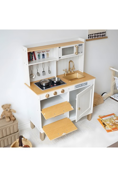 Kuchnia dla dzieci z dźwiękami i LED drewniana duża otwierane szafki 7 akcesoriów ECOTOYS