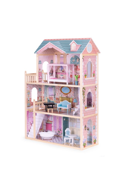 Domek dla lalek duży drewniany 3 piętra 11 mebelków ECOTOYS