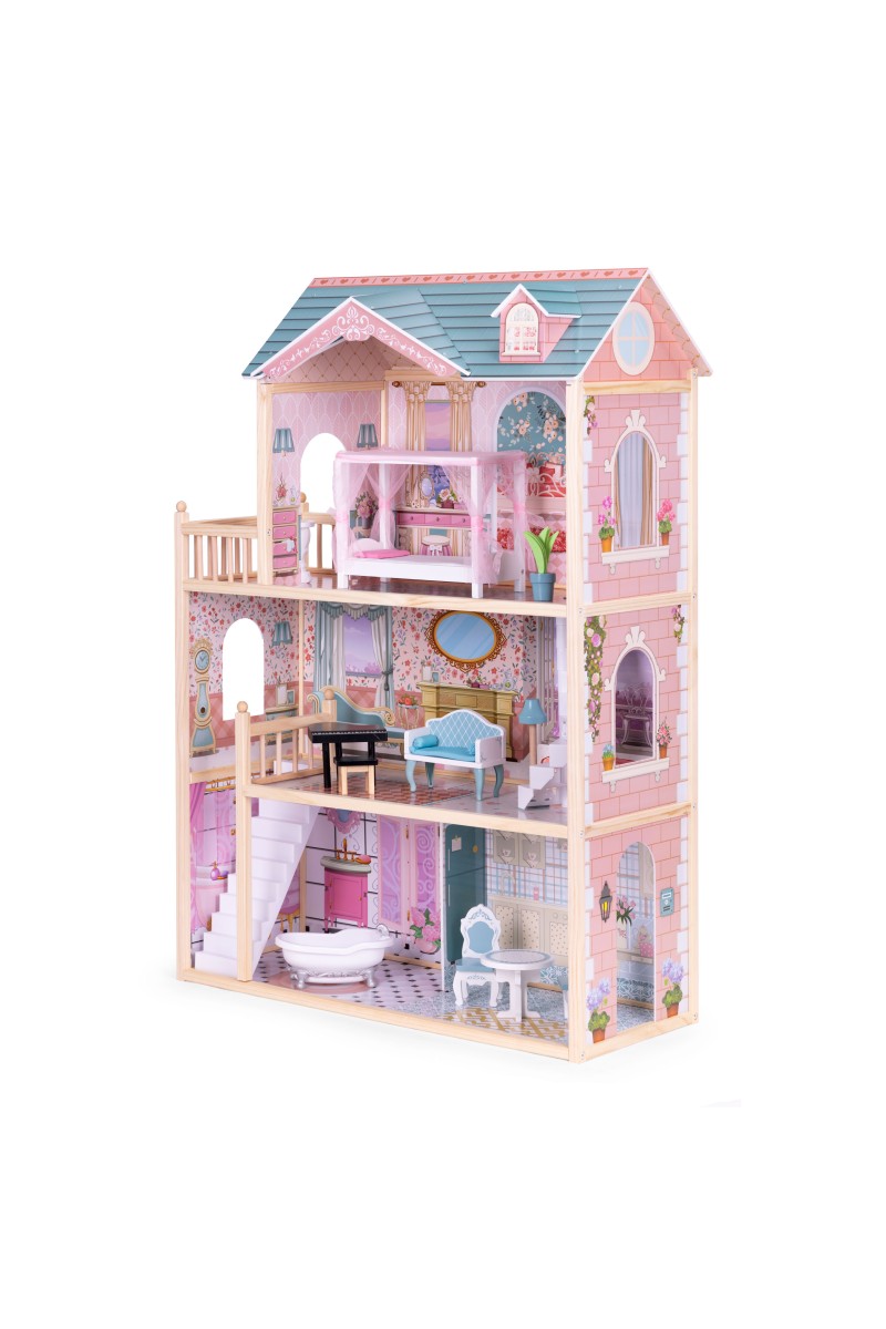 Domek dla lalek duży drewniany 3 piętra 11 mebelków ECOTOYS