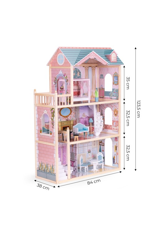 Domek dla lalek duży drewniany 3 piętra 11 mebelków ECOTOYS