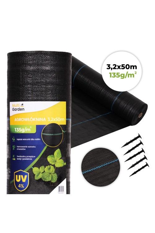 Agrowłóknina czarna agrotkanina UV 135g mata antychwastowa 3,2x50m kołki MulltiGarden