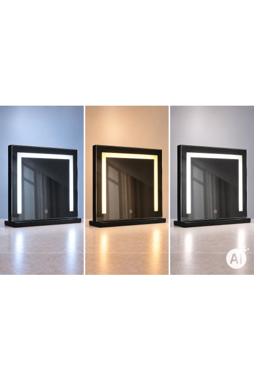 Lustro do makijażu LED 50x40 cm kosmetyczne podświetlane 3 barwy czarne ModernHome