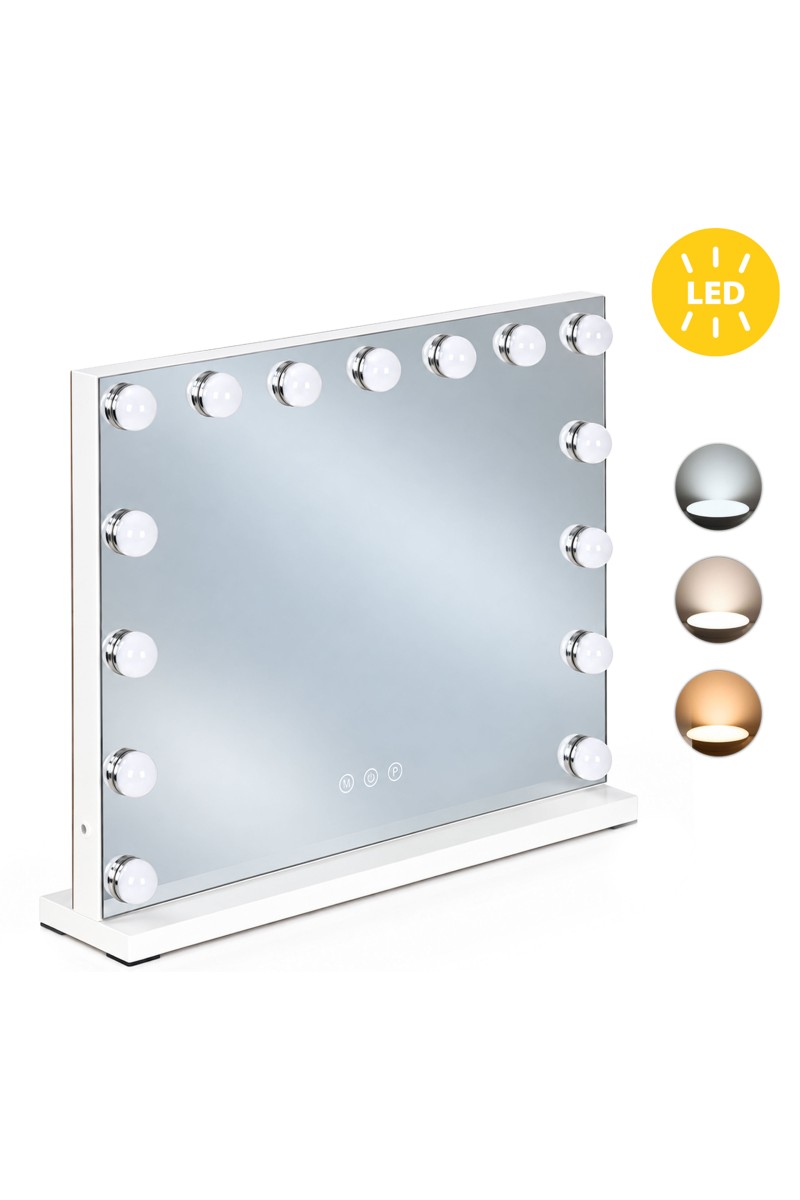 Lustro do makijażu LED 57x46 cm kosmetyczne podświetlane 3 barwy regulacja jasności 15 żarówek ModernHome