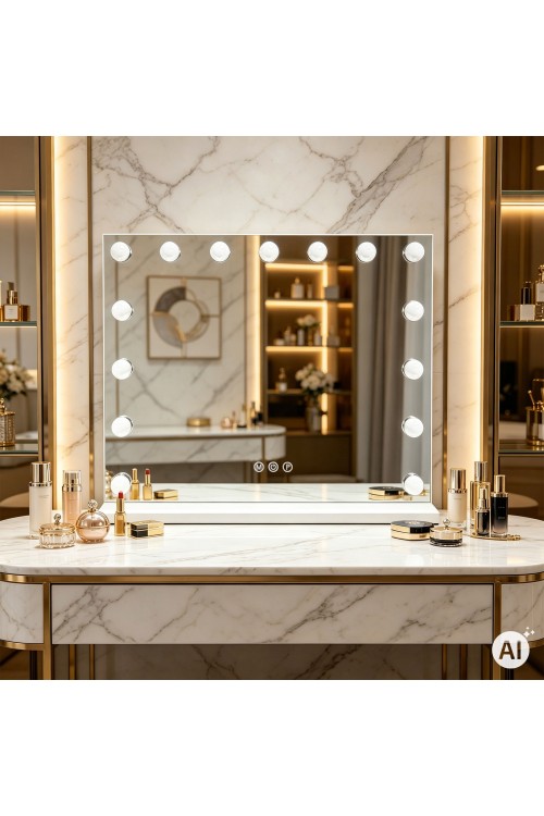 Lustro do makijażu LED 57x46 cm kosmetyczne podświetlane 3 barwy regulacja jasności 15 żarówek ModernHome