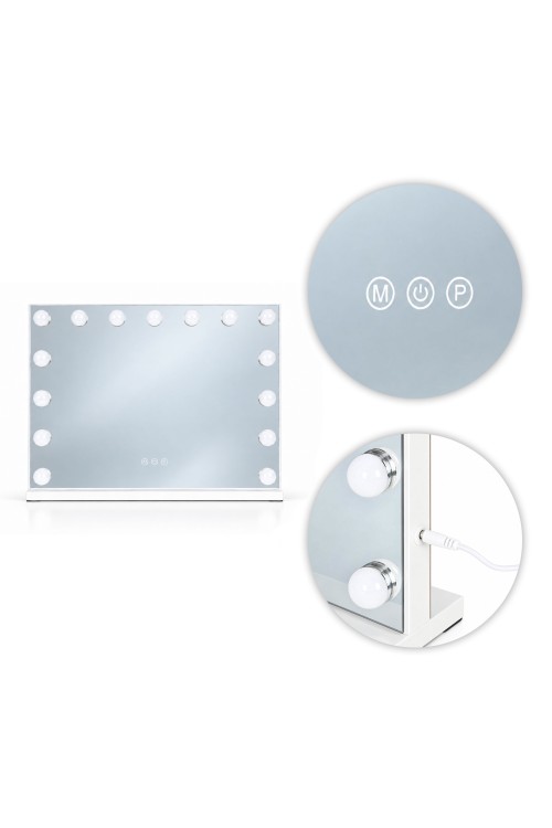 Lustro do makijażu LED 57x46 cm kosmetyczne podświetlane 3 barwy regulacja jasności 15 żarówek ModernHome