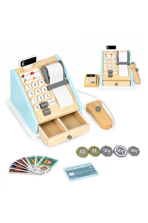 Drewniana kasa fiskalna dla dzieci terminal skaner banknoty monety karta ECOTOYS