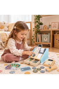 Drewniana kasa fiskalna dla dzieci terminal skaner banknoty monety karta ECOTOYS