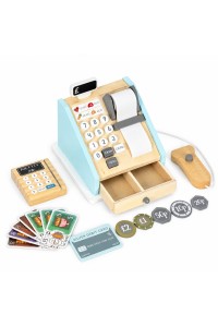 Drewniana kasa fiskalna dla dzieci terminal skaner banknoty monety karta ECOTOYS