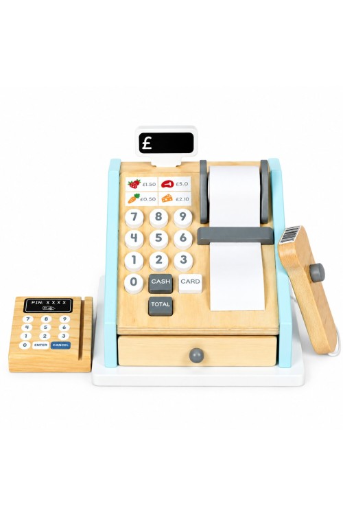 Drewniana kasa fiskalna dla dzieci terminal skaner banknoty monety karta ECOTOYS