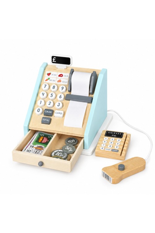 Drewniana kasa fiskalna dla dzieci terminal skaner banknoty monety karta ECOTOYS