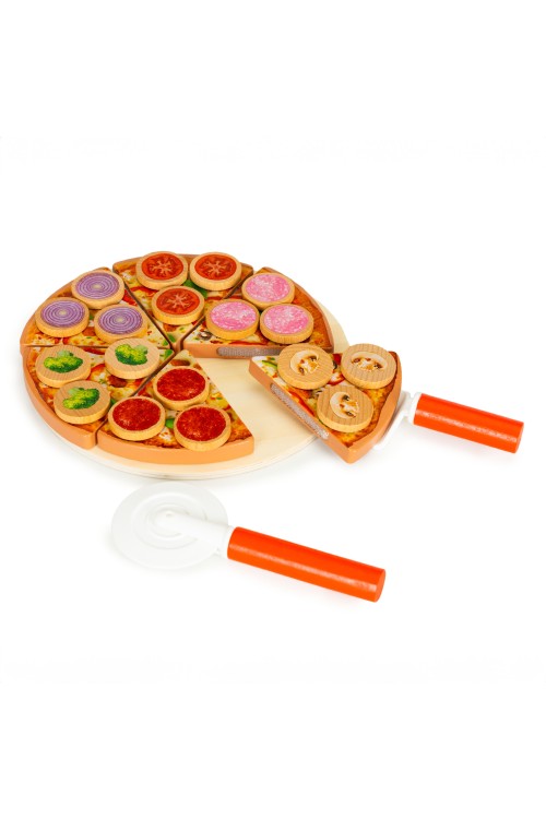 Drewniana pizza do krojenia na rzepy dla dzieci 27 elementów ECOTOYS