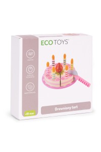 Zestaw drewniany tort na rzepy świeczki truskawka dla dzieci 15 elementów ECOTOYS