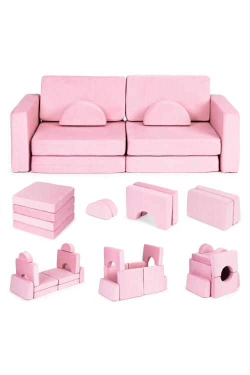 Sofa składana modułowa dla dzieci duża 2-osobowa DIY 10 miękkich poduch - różowa ECOTOYS