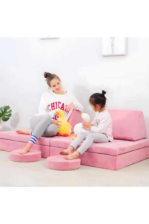 Sofa składana modułowa dla dzieci duża 2-osobowa DIY 10 miękkich poduch - różowa ECOTOYS