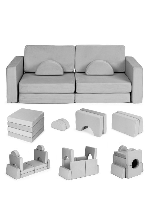 Sofa składana modułowa dla dzieci duża 2-osobowa DIY 10 miękkich poduch - szara ECOTOYS