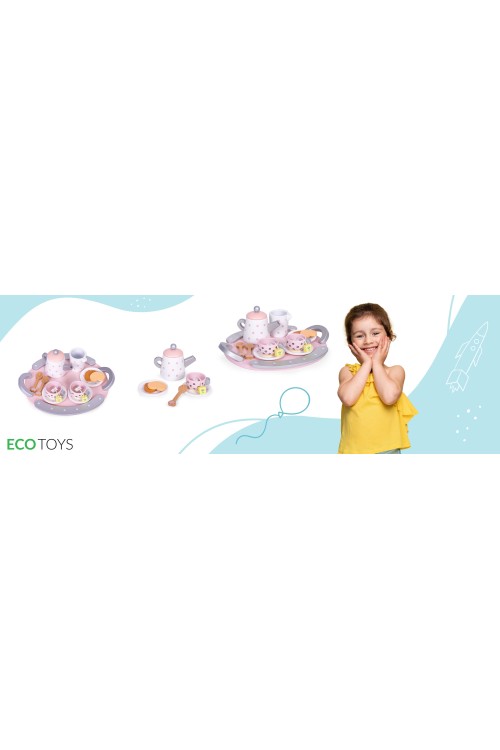 Drewniany zestaw do herbaty filiżanki czajnik 15 elementów ECOTOYS
