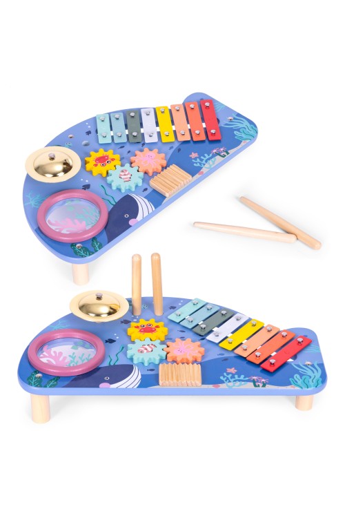 Stolik z instrumentami stół muzyczny cymbałki talerz perkusyjny tarka motyw morski ECOTOYS