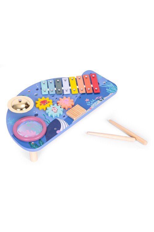 Stolik z instrumentami stół muzyczny cymbałki talerz perkusyjny tarka motyw morski ECOTOYS