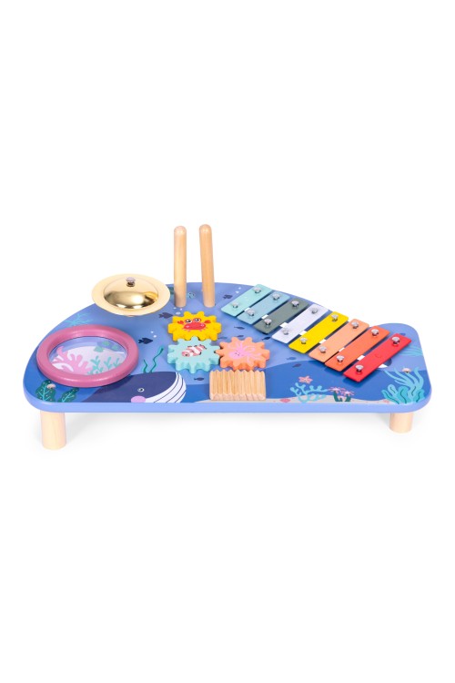 Stolik z instrumentami stół muzyczny cymbałki talerz perkusyjny tarka motyw morski ECOTOYS