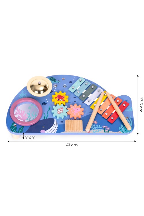 Stolik z instrumentami stół muzyczny cymbałki talerz perkusyjny tarka motyw morski ECOTOYS