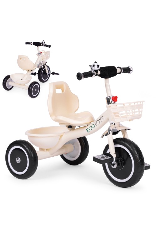 Rowerek trójkołowy antypoślizgowe uchwyty dzwonek koszyk beżowy ECOTOYS