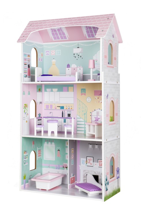 Drewniany domek dla lalek + mebelki wysoka rezydencja Jagodowa ECOTOYS