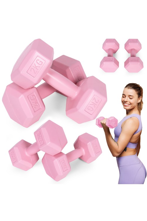 Hantle sześciokątne zestaw 2x2 kg ciężarki do ćwiczeń obciążniki fitness różowe MOVEPRO