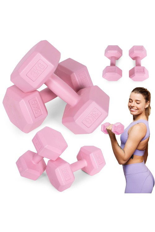 Hantle sześciokątne zestaw 2x3 kg ciężarki do ćwiczeń obciążniki fitness różowe MOVEPRO