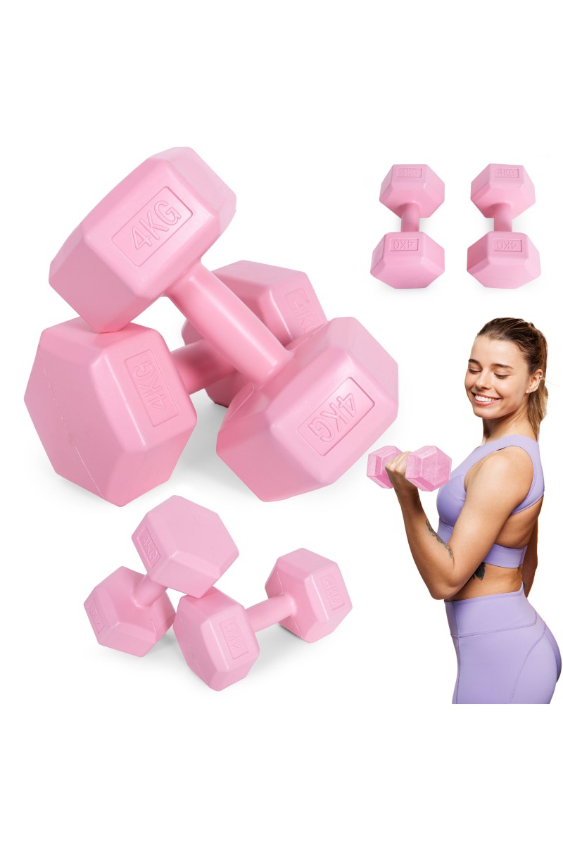 Hantle sześciokątne zestaw 2x4 kg ciężarki do ćwiczeń obciążniki fitness różowe MOVEPRO