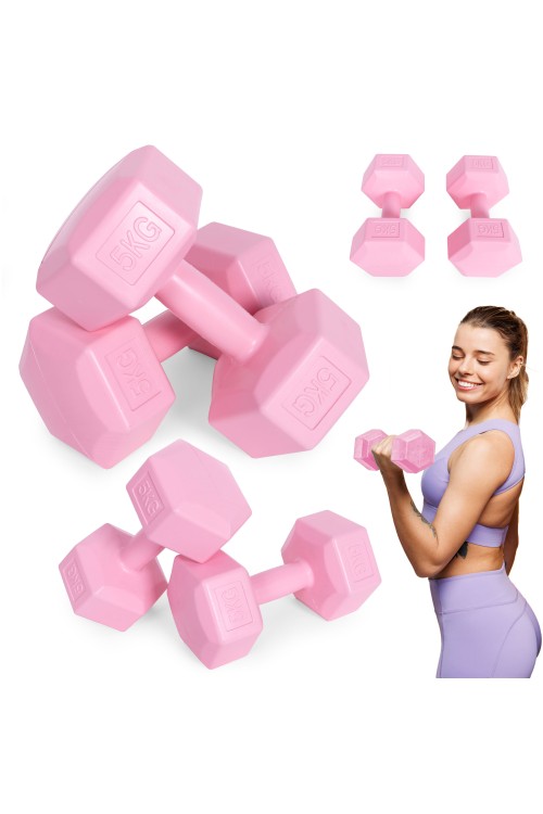 Hantle sześciokątne zestaw 2x5 kg ciężarki do ćwiczeń obciążniki fitness różowe MOVEPRO
