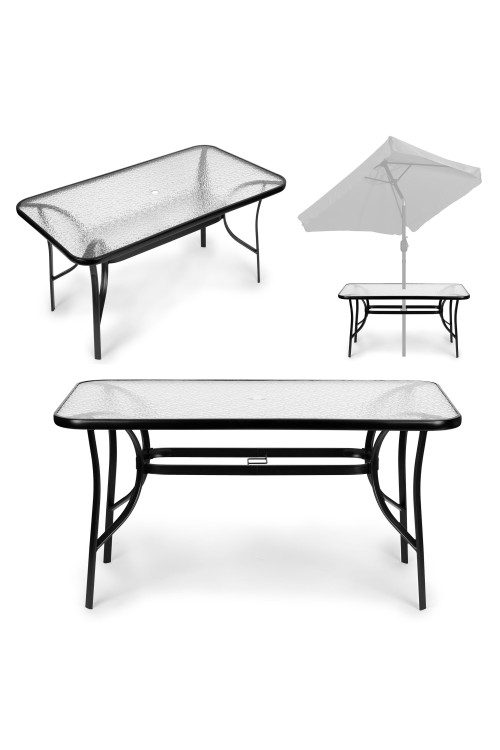 Stół ogrodowy 160x90 cm szkło hartowane duży blat na taras ogród otwór na parasol MultiGarden