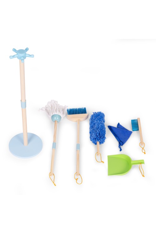 Drewniany zestaw do sprzątania dla dzieci mop zmiotka z szufelką 7 elementów ECOTOYS