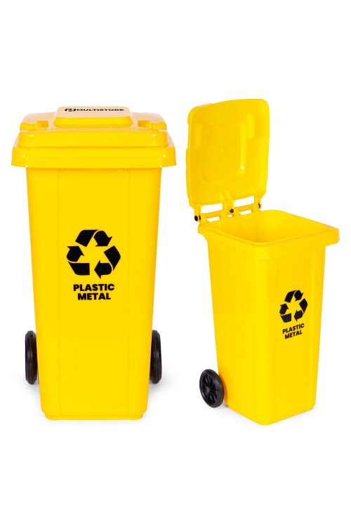 Kosz na smieci pojemnik 120L kubeł śmietnik żółty plastik gumowe koła