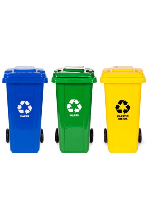Zestaw 3 koszy na śmieci pojemniki 3x120L niebieski zielony żółty makulatura szkło plastik gumowe koła