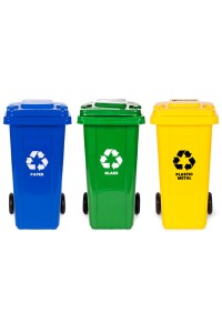 Zestaw 3 koszy na śmieci pojemniki 3x120L niebieski zielony żółty makulatura szkło plastik gumowe koła