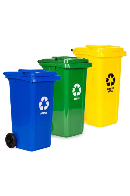 Zestaw 3 koszy na śmieci pojemniki 3x120L niebieski zielony żółty makulatura szkło plastik gumowe koła