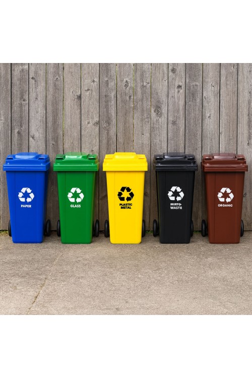 Zestaw 3 koszy na śmieci pojemniki 3x120L niebieski zielony żółty makulatura szkło plastik gumowe koła