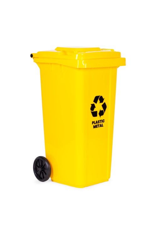 Zestaw 3 koszy na śmieci pojemniki 3x120L niebieski zielony żółty makulatura szkło plastik gumowe koła