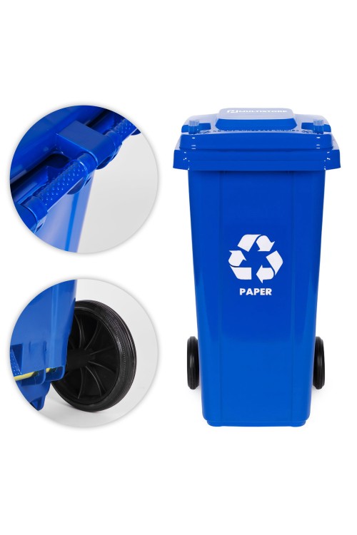 Zestaw 3 koszy na śmieci pojemniki 3x120L niebieski zielony żółty makulatura szkło plastik gumowe koła