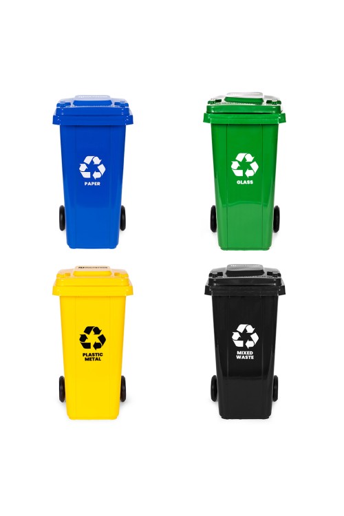Zestaw 4 koszy na śmieci pojemniki 4x120L niebieski zielony żółty czarny makulatura szkło plastik odpady zmieszane gumowe koła