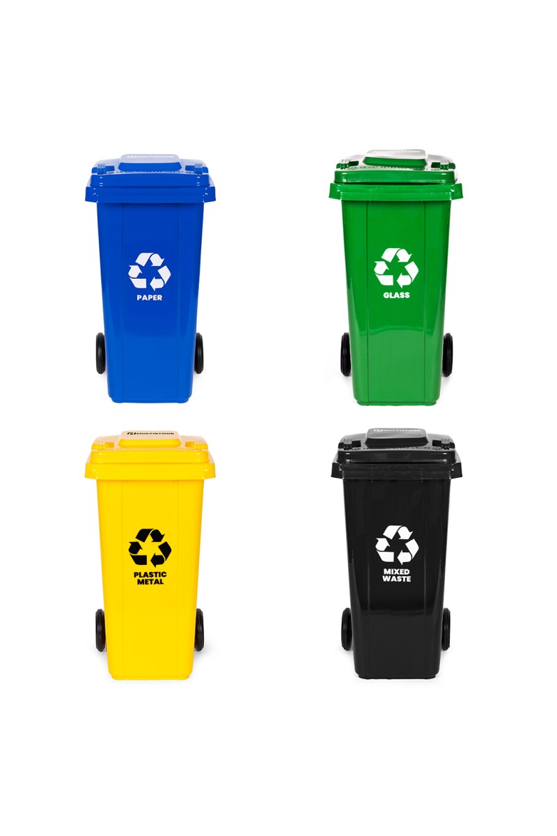 Zestaw 4 koszy na śmieci pojemniki 4x120L niebieski zielony żółty czarny makulatura szkło plastik odpady zmieszane gumowe koła