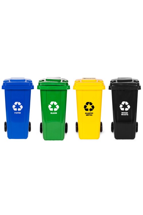 Zestaw 4 koszy na śmieci pojemniki 4x120L niebieski zielony żółty czarny makulatura szkło plastik odpady zmieszane gumowe koła