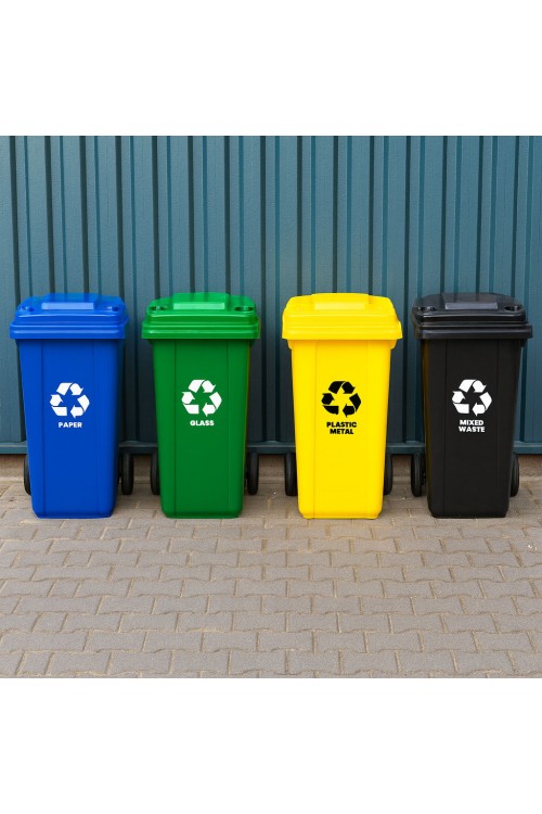 Zestaw 4 koszy na śmieci pojemniki 4x120L niebieski zielony żółty czarny makulatura szkło plastik odpady zmieszane gumowe koła