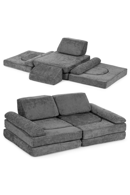 Sofa składana modułowa dla dzieci duża 2-osobowa DIY 10 miękkich poduch tkanina szenilowa - szara ECOTOYS