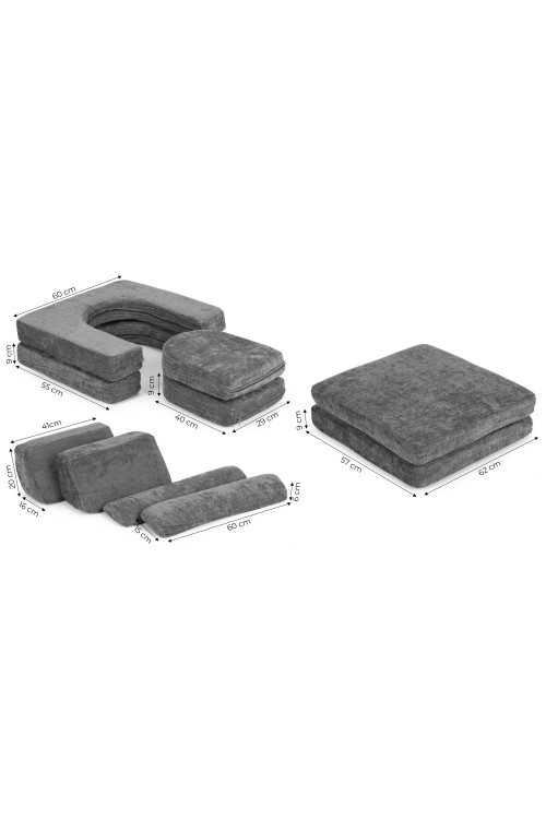 Sofa składana modułowa dla dzieci duża 2-osobowa DIY 10 miękkich poduch tkanina szenilowa - szara ECOTOYS