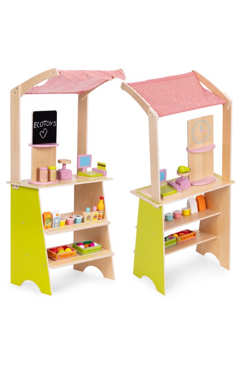 Duży drewniany stragan dla dzieci sklep z terminalem i wagą owoce warzywa 20 elementów ECOTOYS