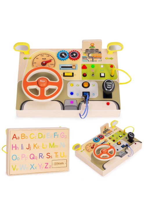 Drewniana tablica manipulacyjna LED sensoryczna dla dzieci panel edukacyjny auto kierownica 14 elementów