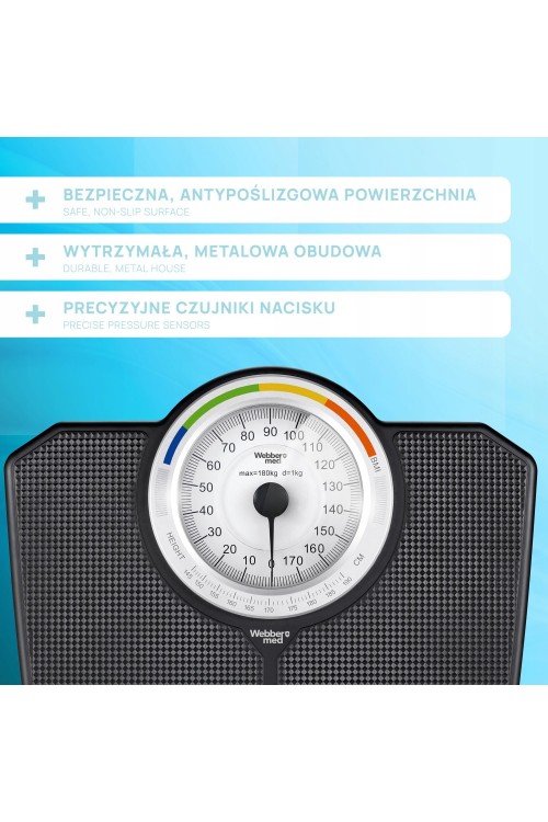 Klasyczna waga łazienkowa mechaniczna analogowa do 180 kg czarna WEBBER BMI