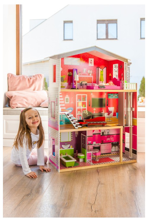 Duży drewniany domek z windą dla lalek - Rezydencja Malibu ECOTOYS